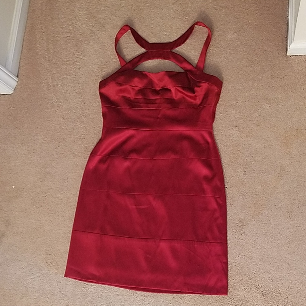 BCBG Maxazria red silk cut out cage dress